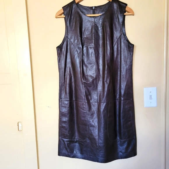 Dark brown Leather Sleeveless midi Dress - Picture 1 of 14